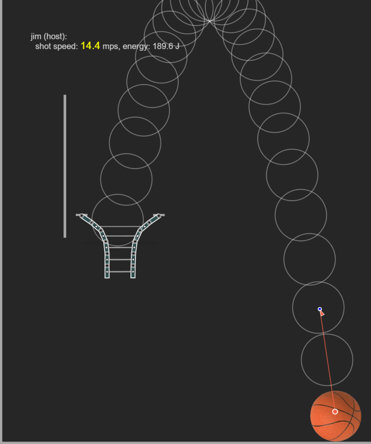 Shot forecast arc toward the hoop with shot speed and energy readout